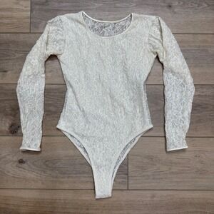 Vintage Marusa Ivory Floral Lace Long Sleeve Thong Bodysuit Large Made in USA